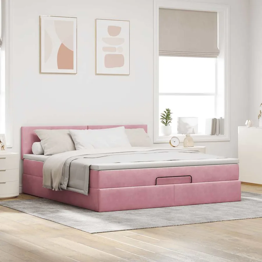 Cadre de lit ottoman avec matelas rose 160x200 cm velours - 4