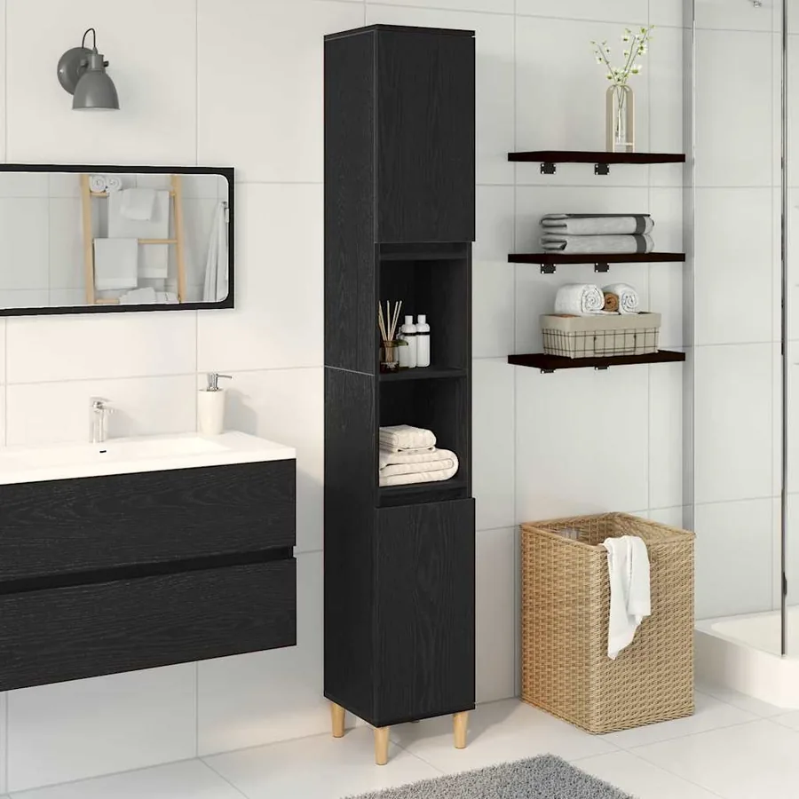 Cabinet de salle de bain avec porte Chêne noir 30 x 30 x 190 cm