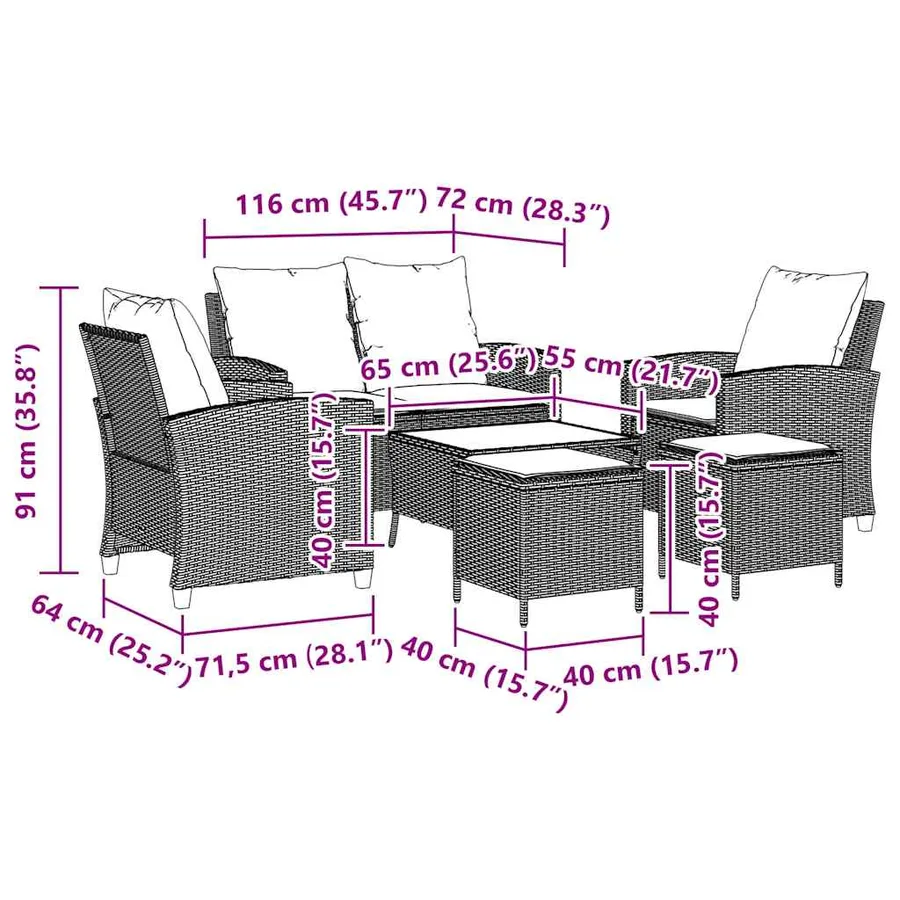 Ensemble de canapé de jardin 6 pcs avec coussins marron résine tressée - 12