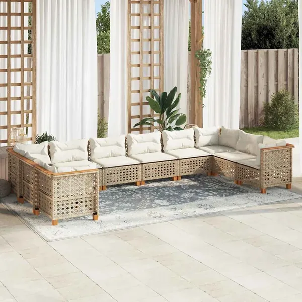Salon de jardin avec coussins 10 pcs beige résine tressée