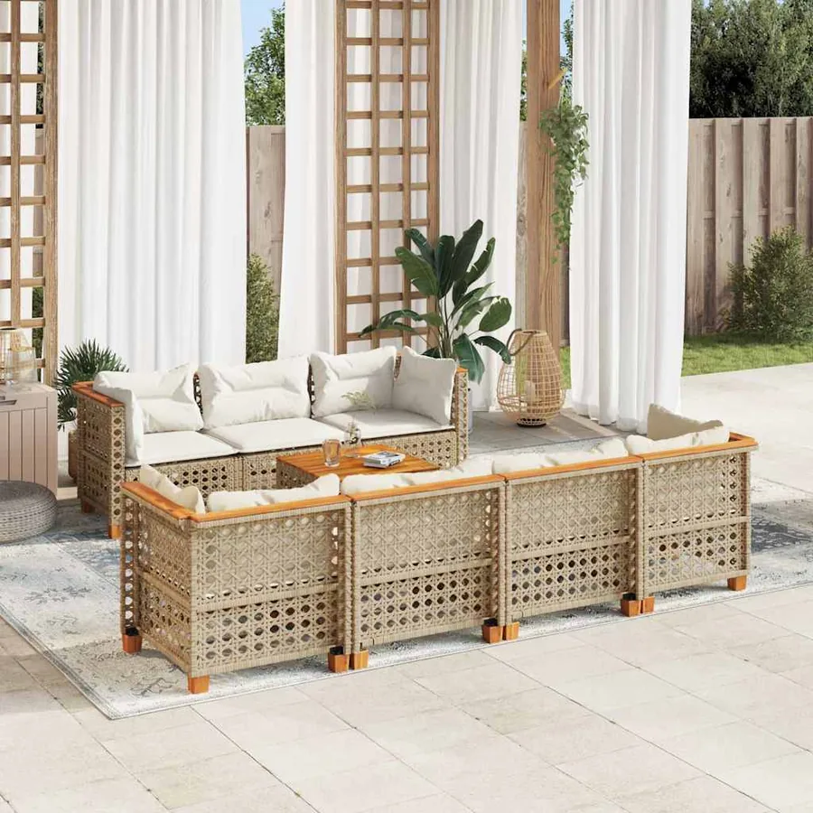 Salon de jardin avec coussins 8 pcs beige résine tressée