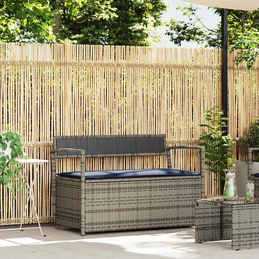 Banc de rangement de jardin avec coussin gris résine tressée
