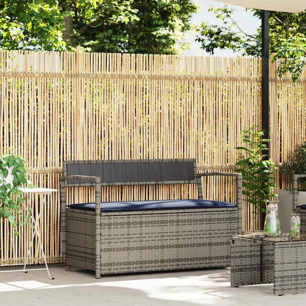 Banc de rangement de jardin avec coussin gris résine tressée