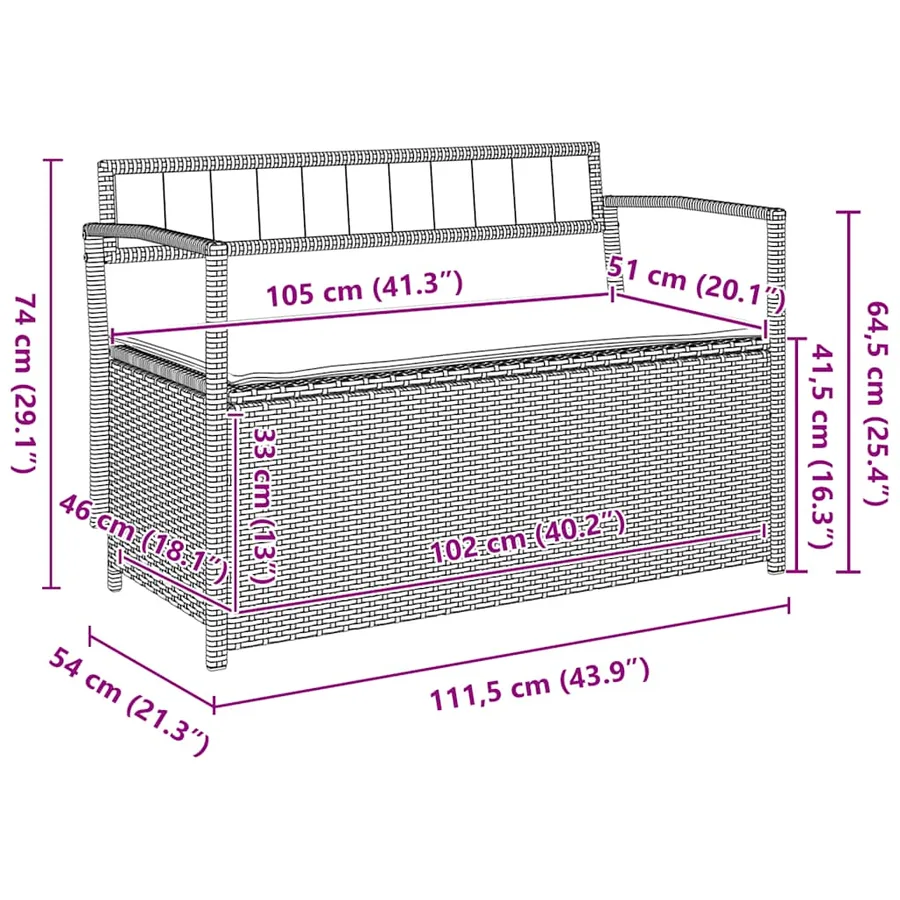 Banc de rangement de jardin avec coussin gris résine tressée - 10