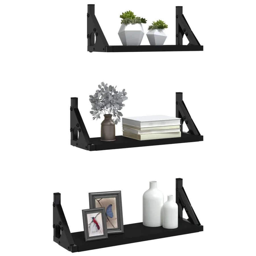 Ensemble d'étagères murales 3 pcs noir bois d'ingénierie - 3
