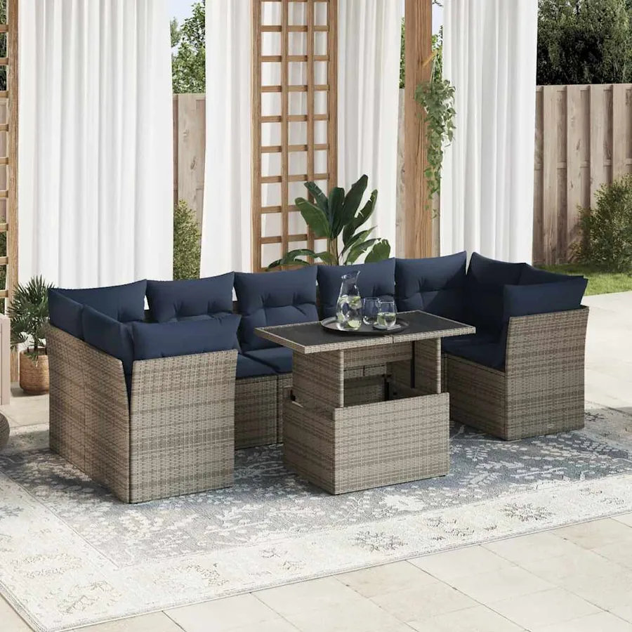 Salon de jardin avec coussins 8 pcs gris résine tressée acacia