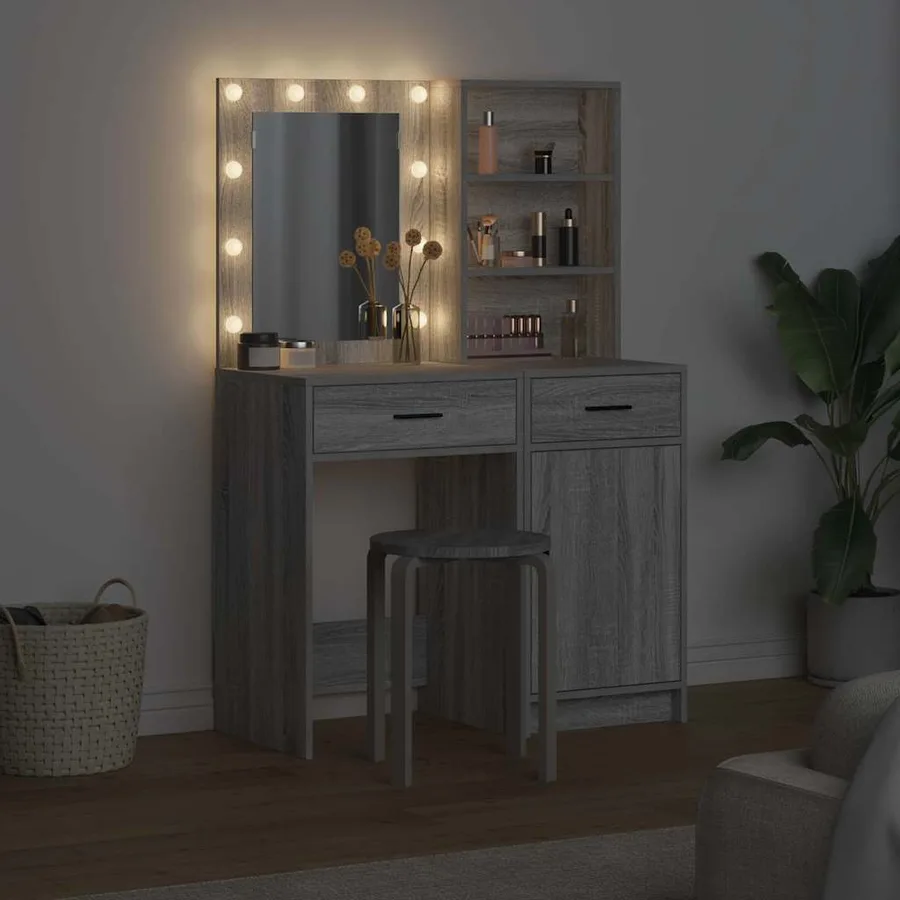 Ensemble de table de maquillage avec LED 2 pcs Gris Sonoma - 4