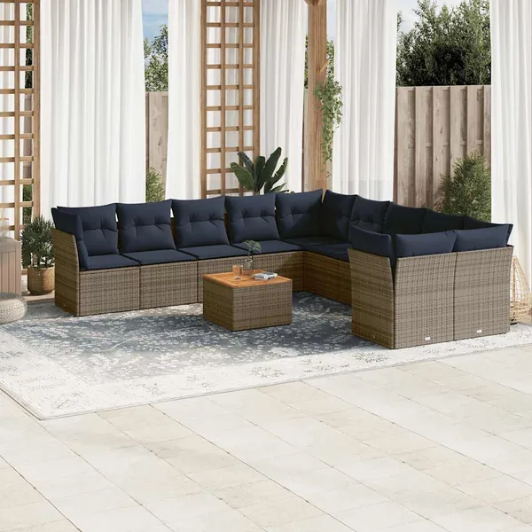 Salon de jardin 11 pcs avec coussins gris résine tressée