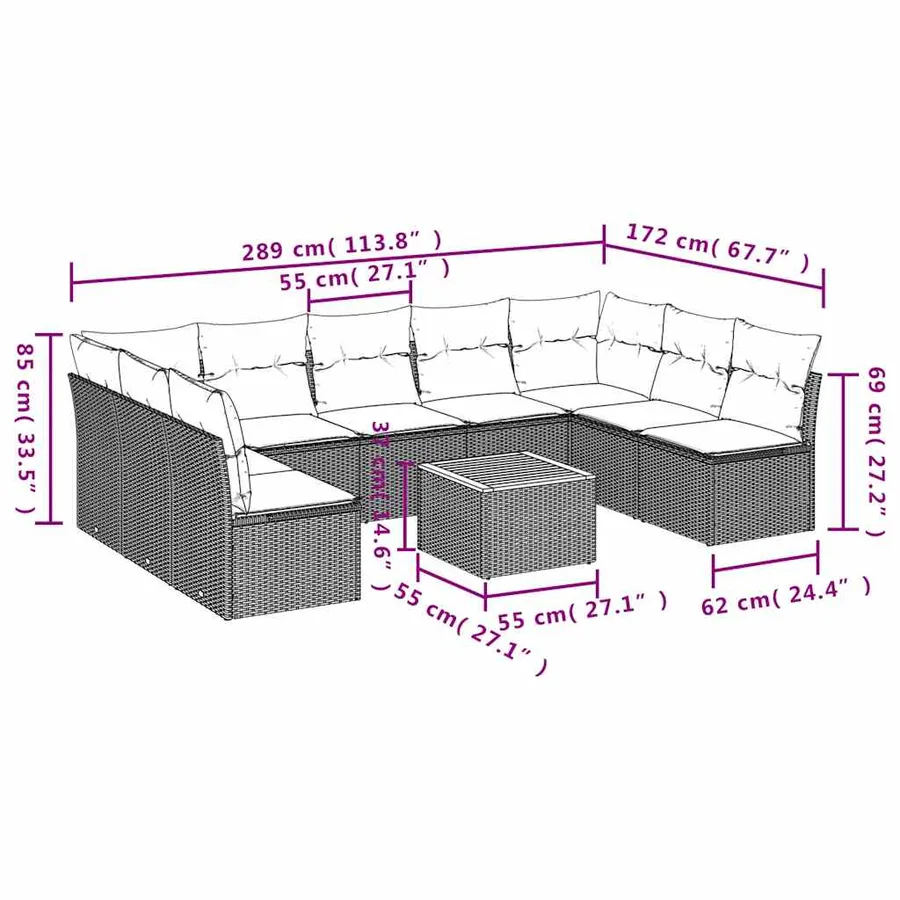 Salon de jardin 10 pcs avec coussins gris résine tressée - 10