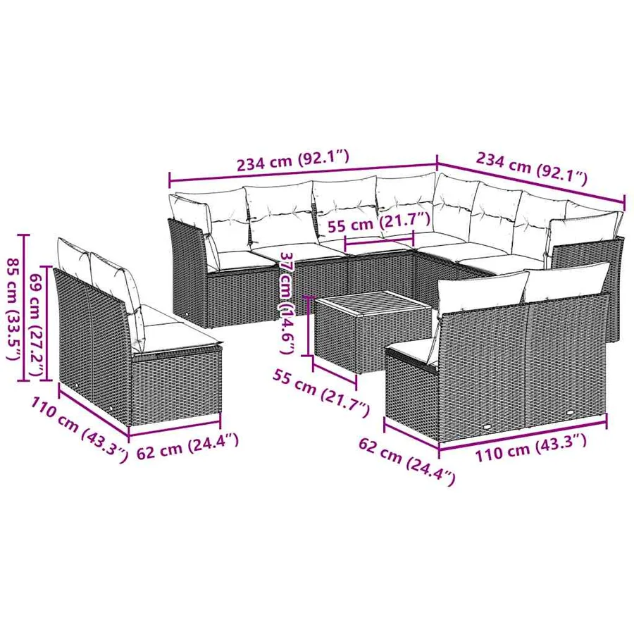 Salon de jardin avec coussins 12 pcs gris résine tressée - 10