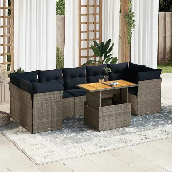 Salon de jardin 8 pcs avec coussins gris résine tressée
