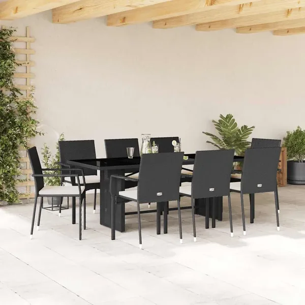 Ensemble à manger de jardin 9pcs coussins noir résine tressée