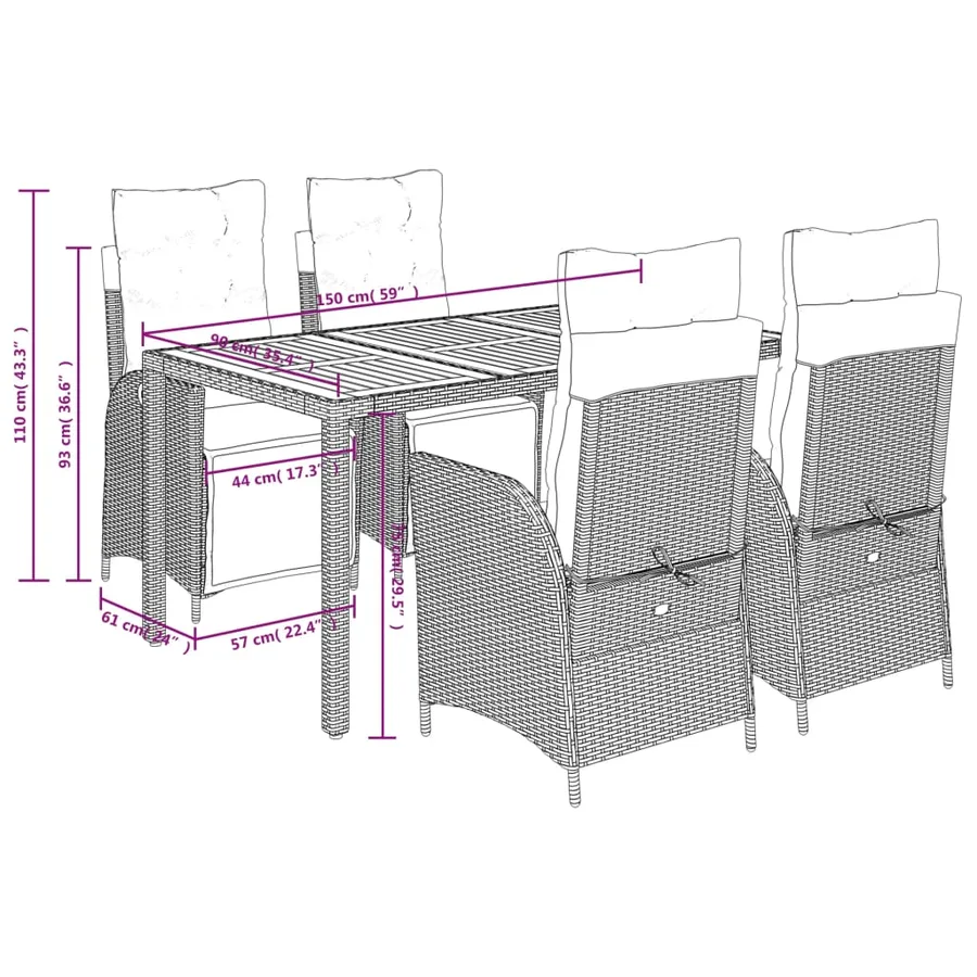 Ensemble à manger de jardin coussins 5pcs Noir Résine tressée - 9