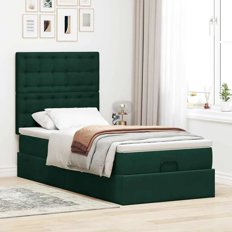 Cadre de lit ottoman avec matelas vert foncé 80x200 cm velours - 4