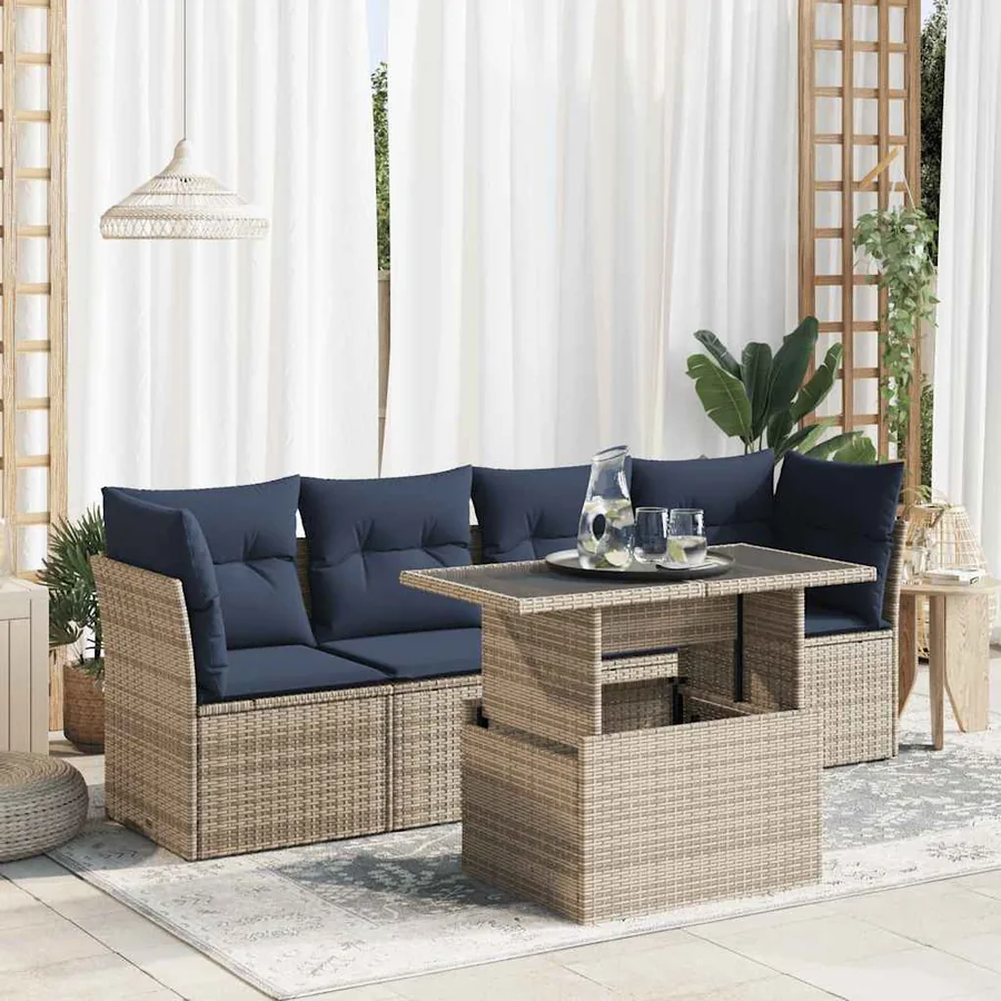 Salon de jardin 5 pcs avec coussins gris résine tressée acacia