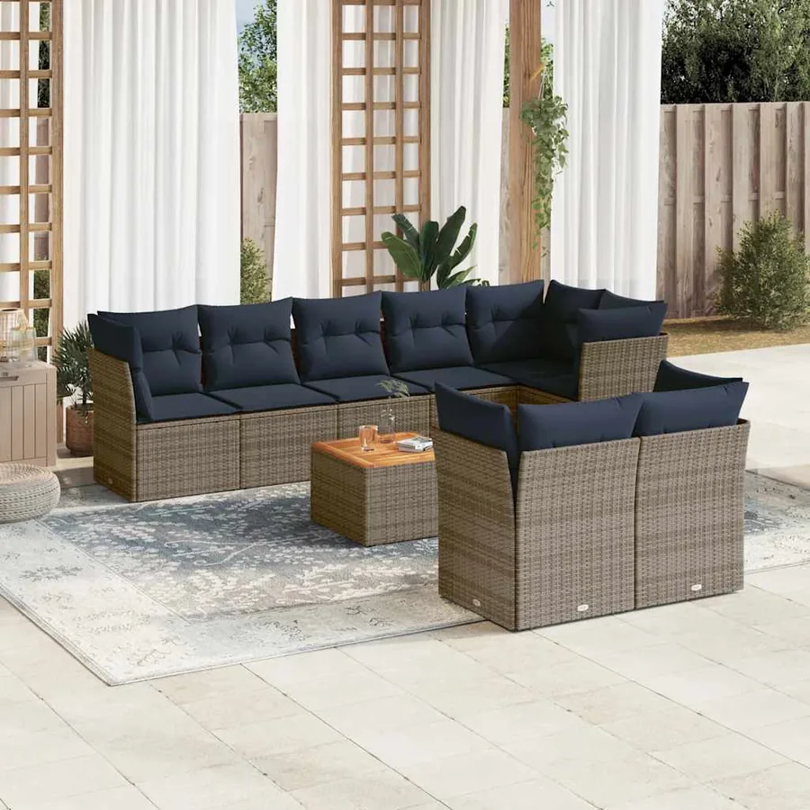 Salon de jardin 9 pcs avec coussins gris résine tressée