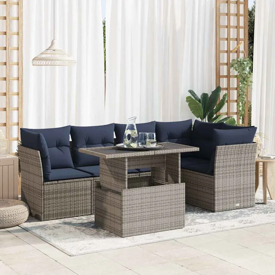 Salon de jardin avec coussins 6 pcs gris résine tressée acacia