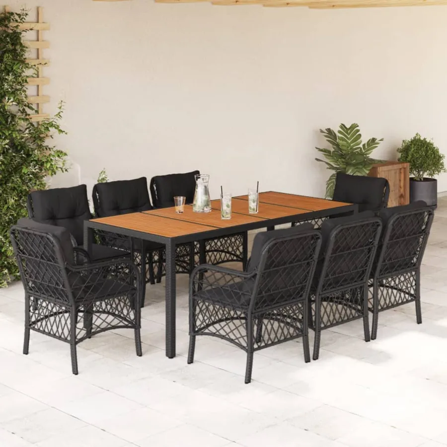 Ensemble à manger de jardin 9pcs coussins noir résine tressée