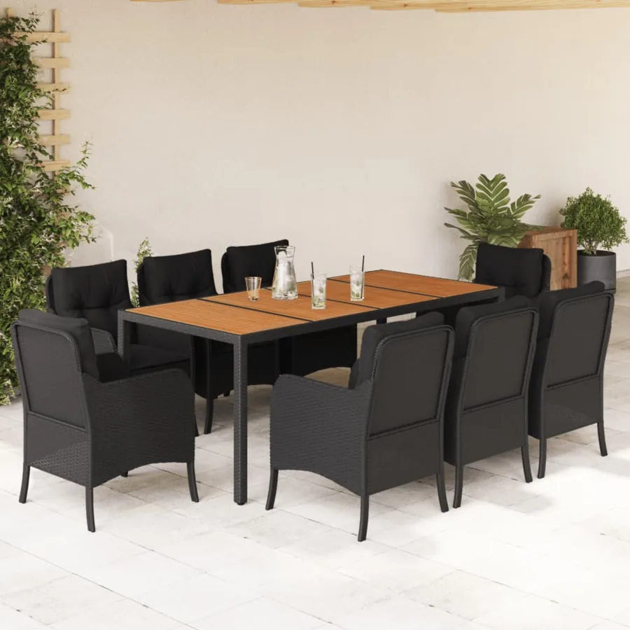 Ensemble à manger de jardin 9pcs coussins noir résine tressée