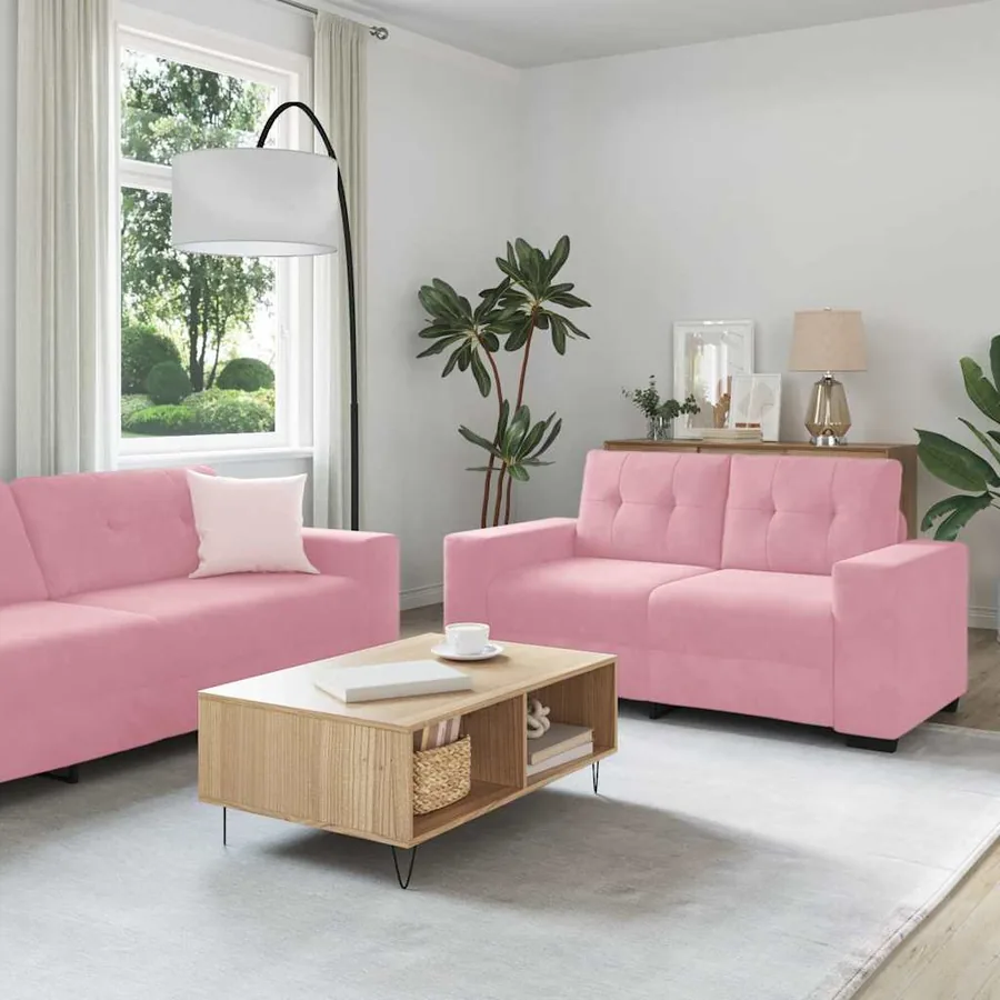 Ensemble canapé 2 pièces avec coussins rose velours