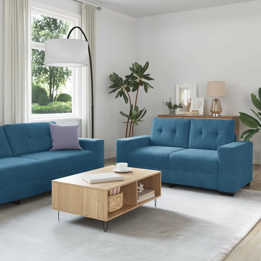 Ensemble canapé 2 pièces avec coussins bleu velours