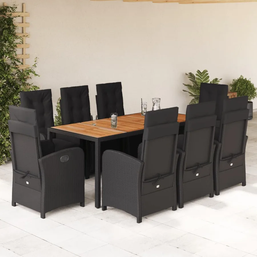 Ensemble à manger de jardin 9pcs coussins noir résine tressée
