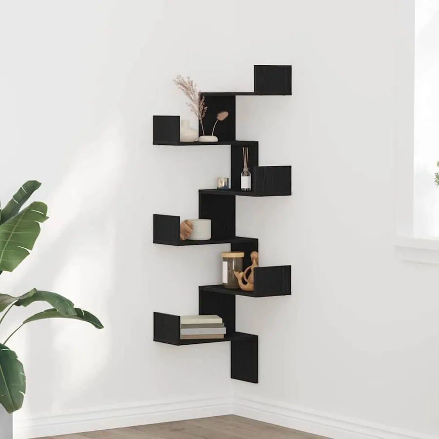Étagère d'angle murale avec étagère Chêne noir 45 x 45 x 147 cm