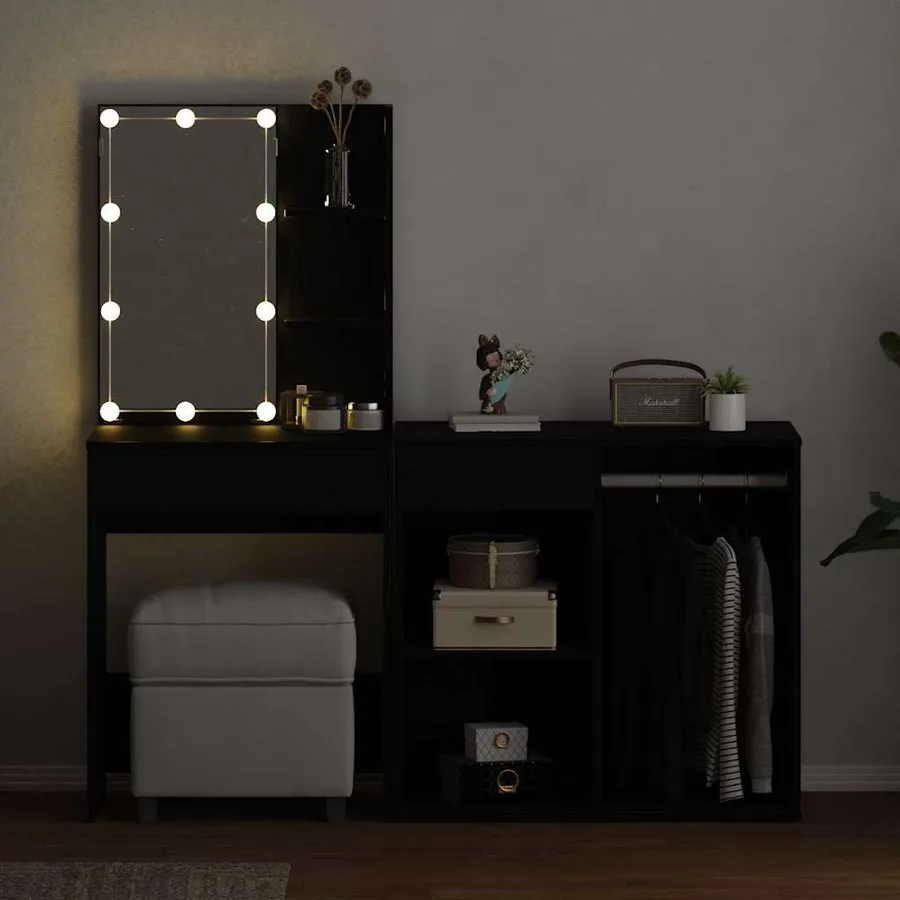 Ensemble de table de maquillage LED avec tiroir Chêne noir - 4