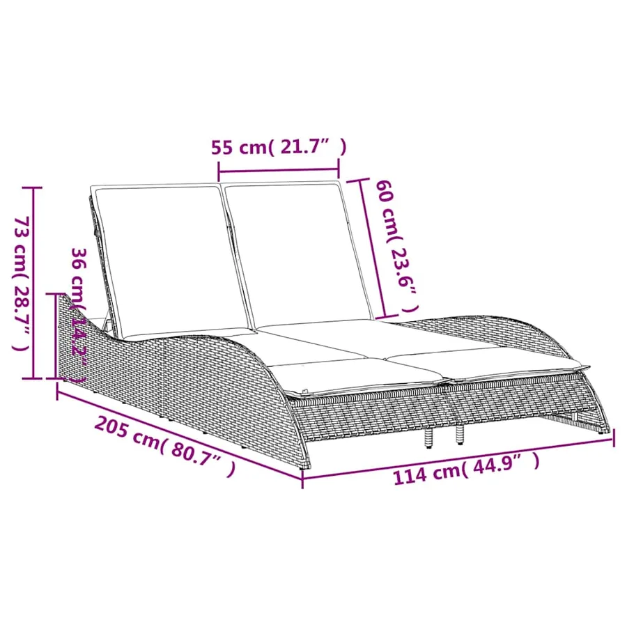 Chaise longue avec coussins Noir 114x205x73 cm Résine tressée - 10