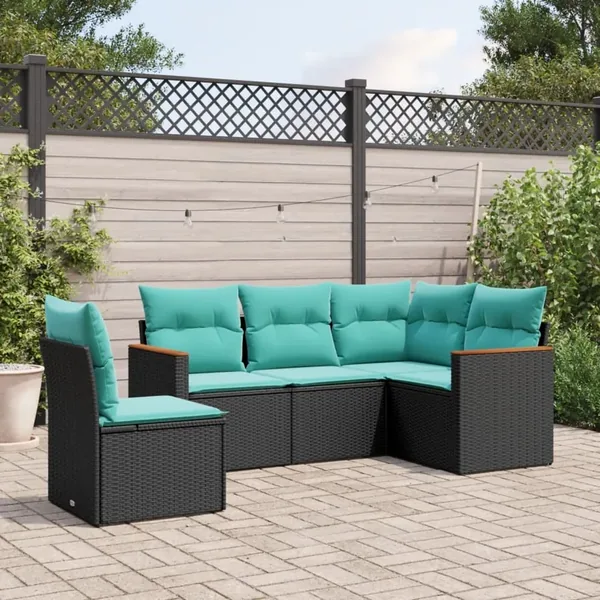 Salon de jardin 5 pcs avec coussins noir résine tressée