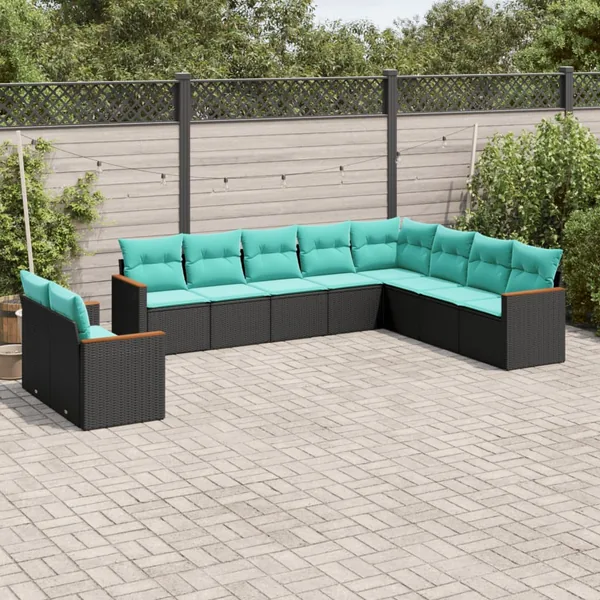 Salon de jardin 10 pcs avec coussins noir résine tressée