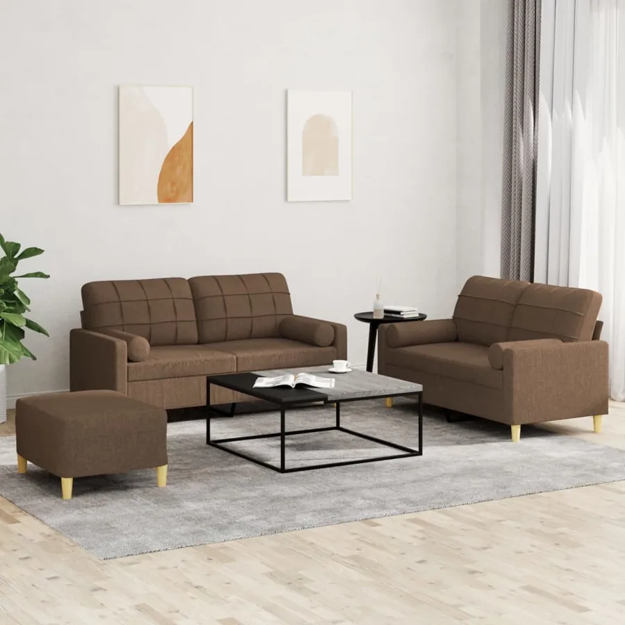 Ensemble de canapés 3 pcs avec coussins marron tissu