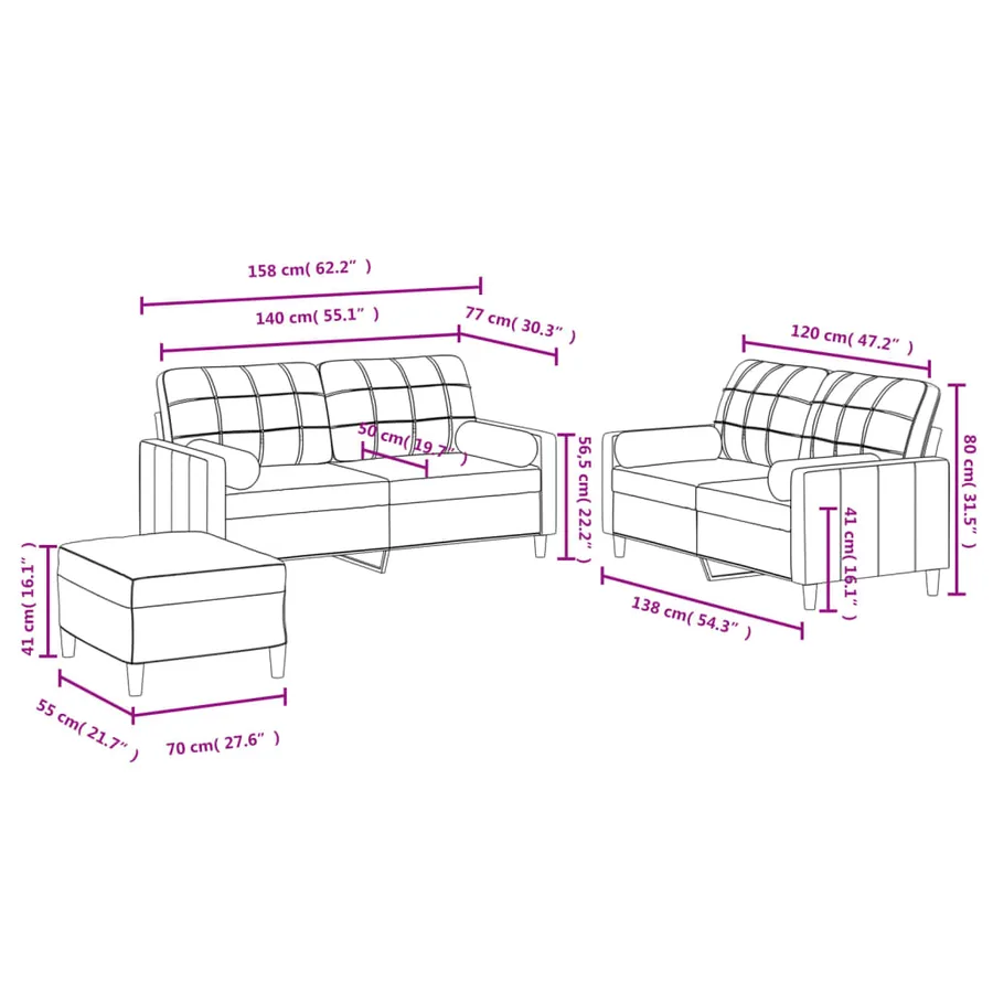 Ensemble de canapés 3 pcs avec coussins marron tissu - 10