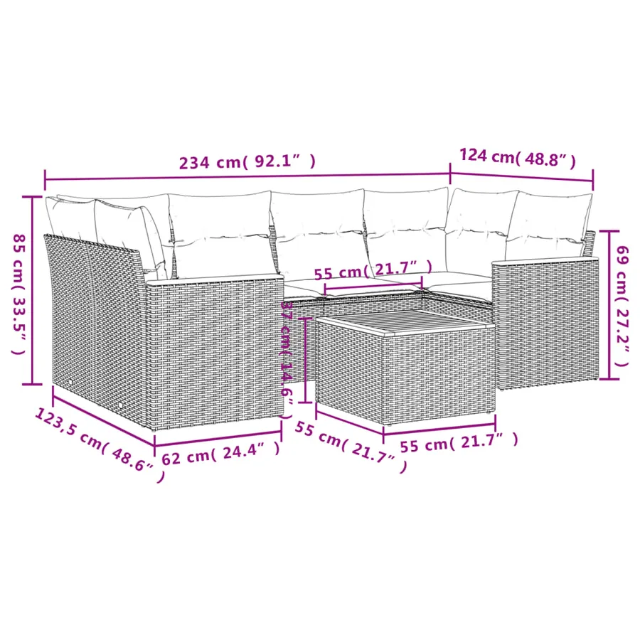Ensemble de canapé de jardin 7 pcs avec coussins noir résine tressée - 8