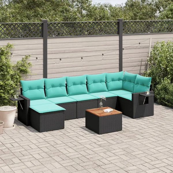 Ensemble de canapé de jardin 8 pcs avec coussins noir résine tressée