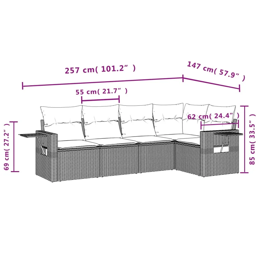 Salon de jardin 5 pcs avec coussins noir résine tressée - 8