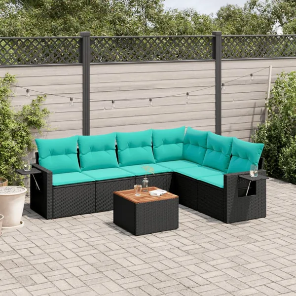 Ensemble de canapé de jardin 7 pcs avec coussins noir résine tressée