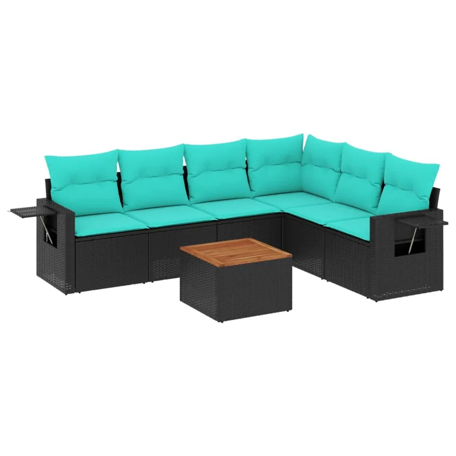 Ensemble de canapé de jardin 7 pcs avec coussins noir résine tressée - 2