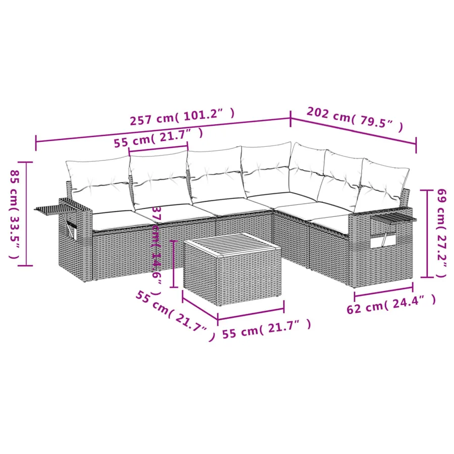 Ensemble de canapé de jardin 7 pcs avec coussins noir résine tressée - 9