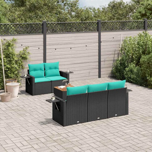 Ensemble de canapé de jardin 6 pcs avec coussins noir résine tressée