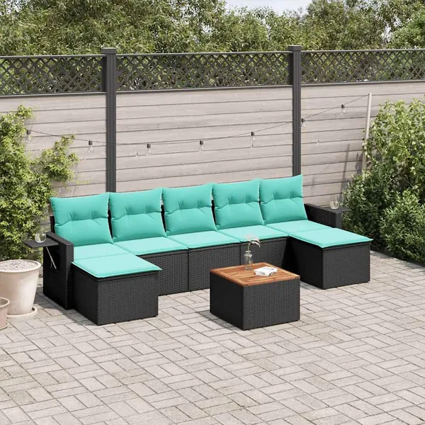 Ensemble de canapé de jardin 8 pcs avec coussins noir résine tressée