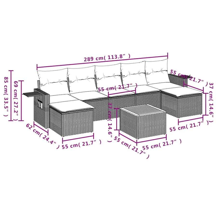 Ensemble de canapé de jardin 8 pcs avec coussins noir résine tressée - 9