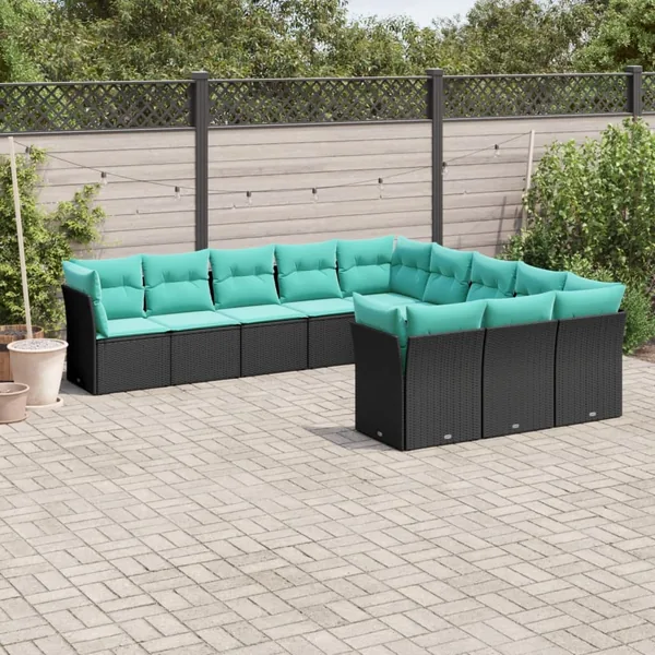 Salon de jardin 11 pcs avec coussins noir résine tressée
