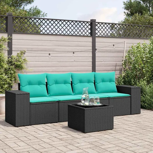 Ensemble de canapé de jardin 5 pcs avec coussins noir résine tressée