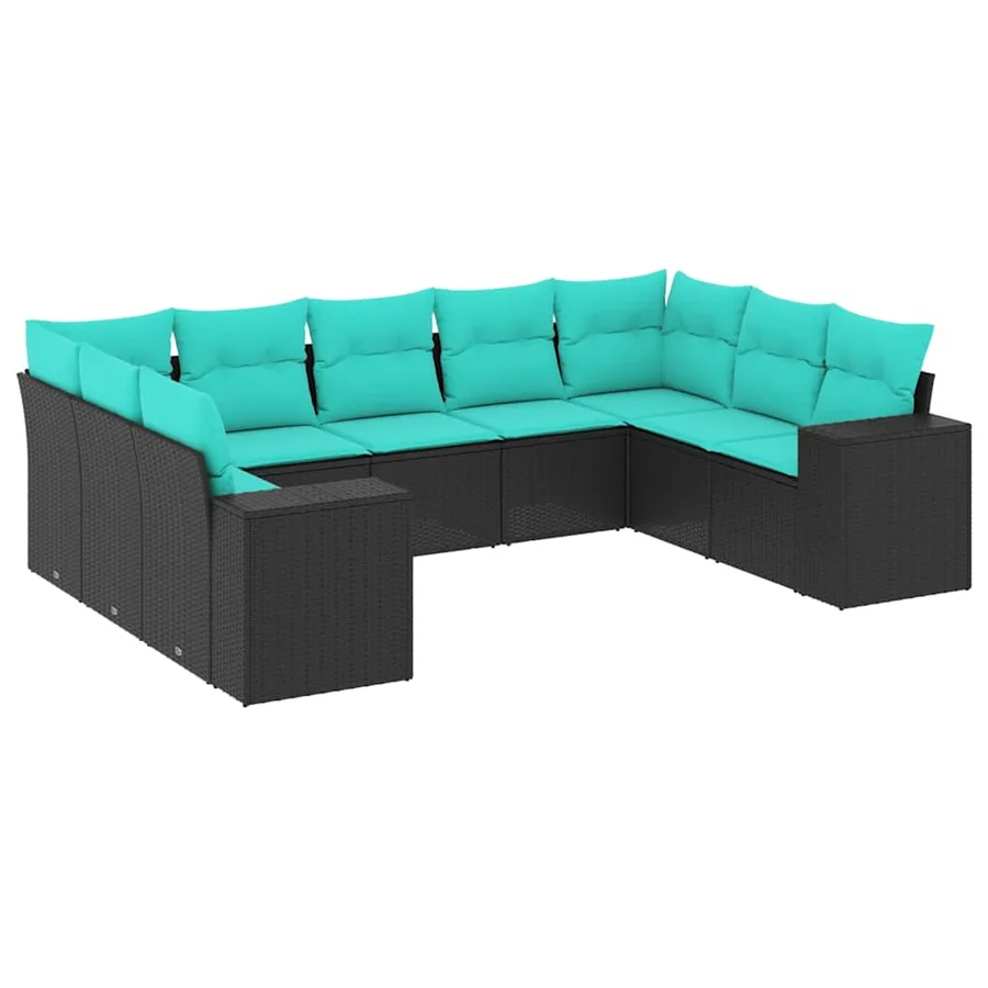 Salon de jardin 9 pcs avec coussins noir résine tressée - 2