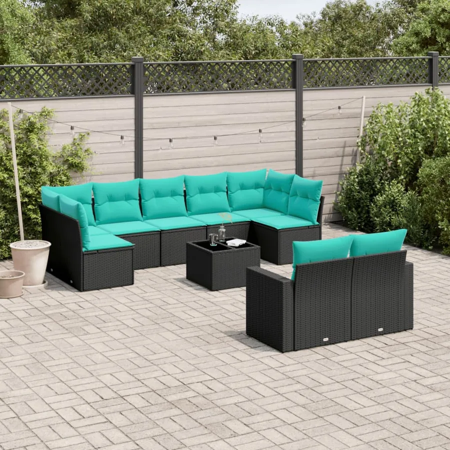 Salon de jardin 10 pcs avec coussins noir résine tressée