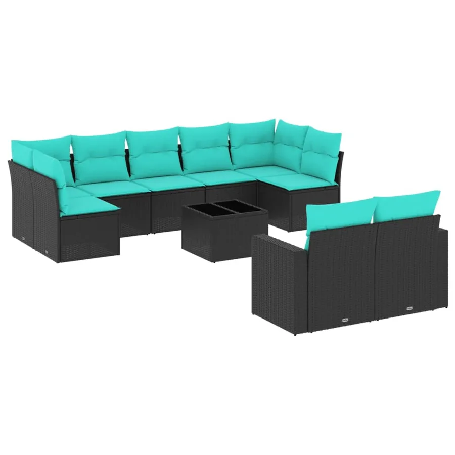 Salon de jardin 10 pcs avec coussins noir résine tressée - 2