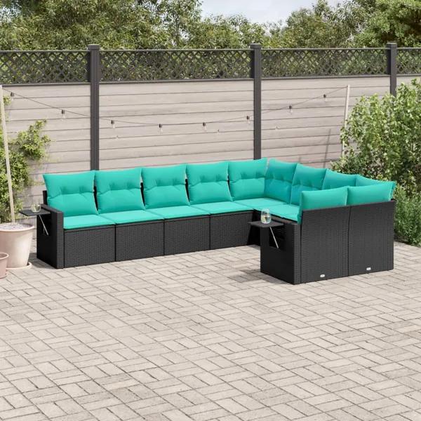 Salon de jardin 9 pcs avec coussins noir résine tressée