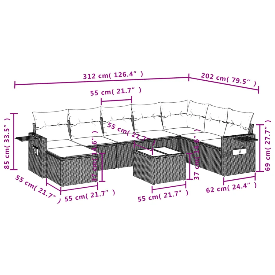 Ensemble de canapé de jardin 9 pcs avec coussins noir résine tressée - 10