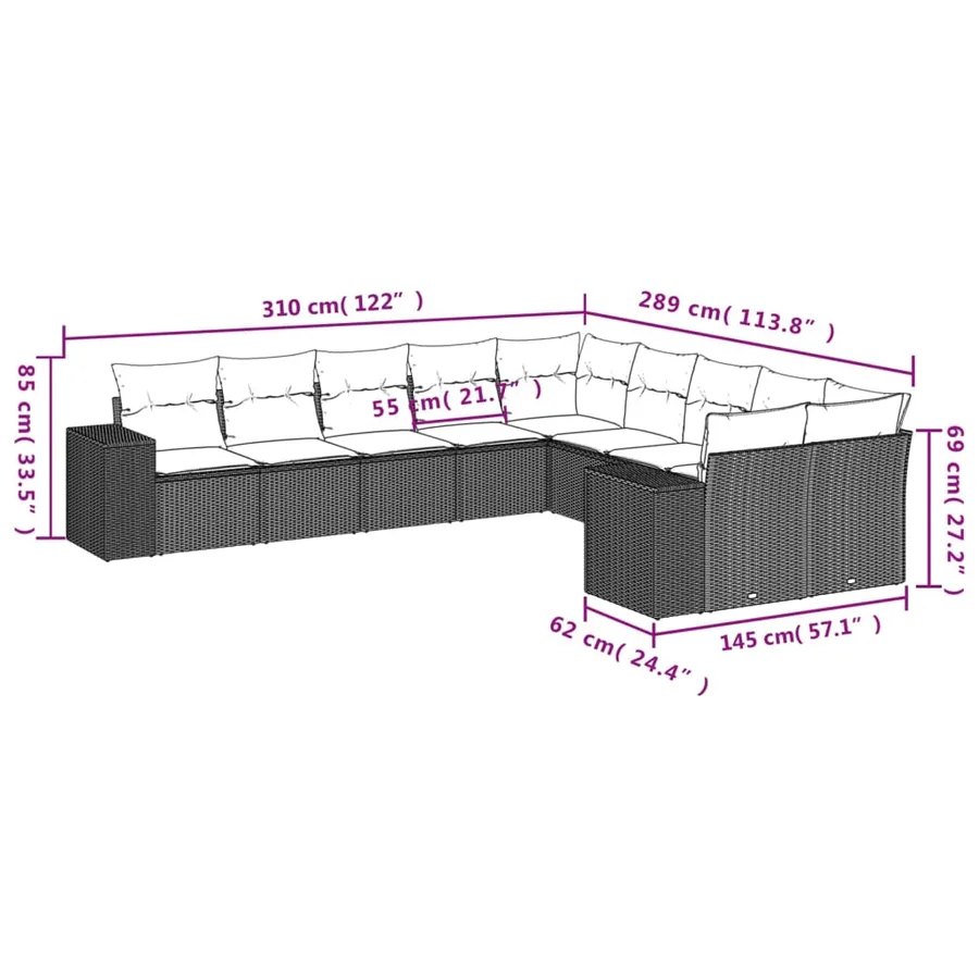 Salon de jardin 10 pcs avec coussins noir résine tressée - 7